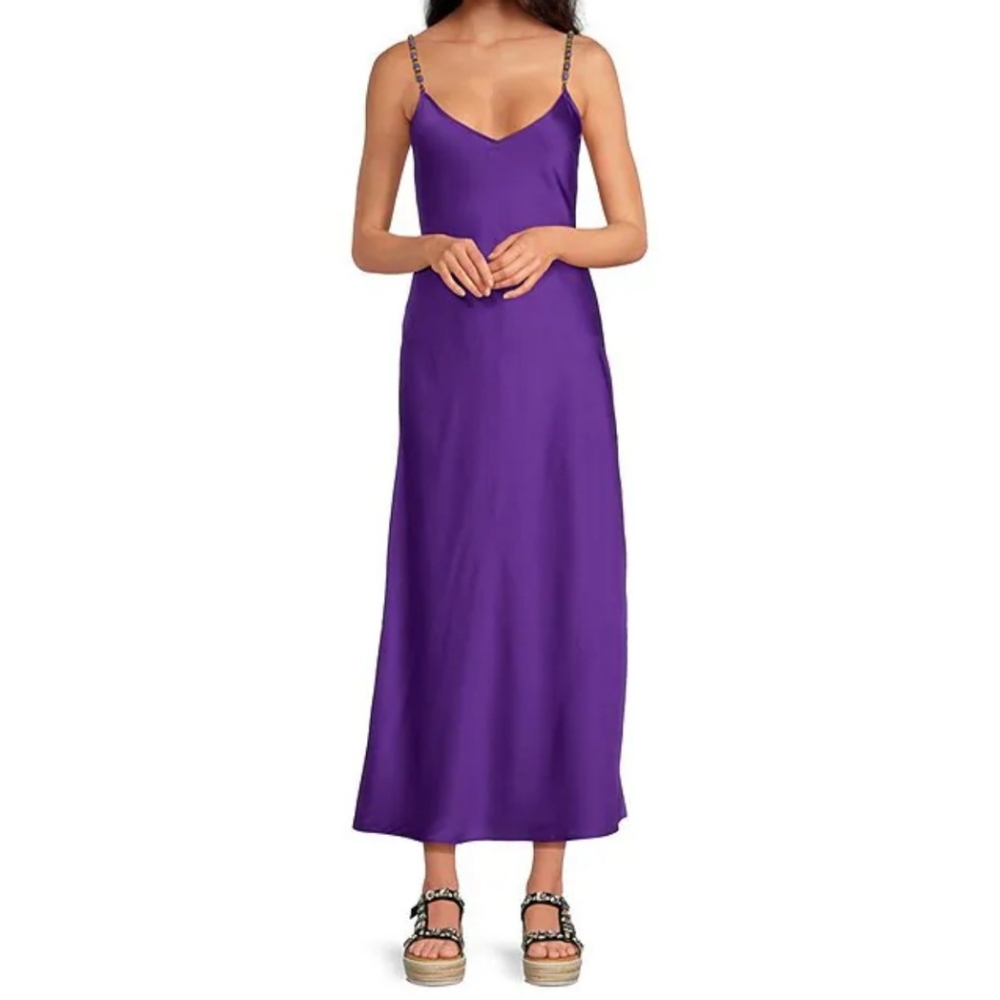 Gianni Bini Dannijo slip dress L royal purple satin maxi beaded straps new $180